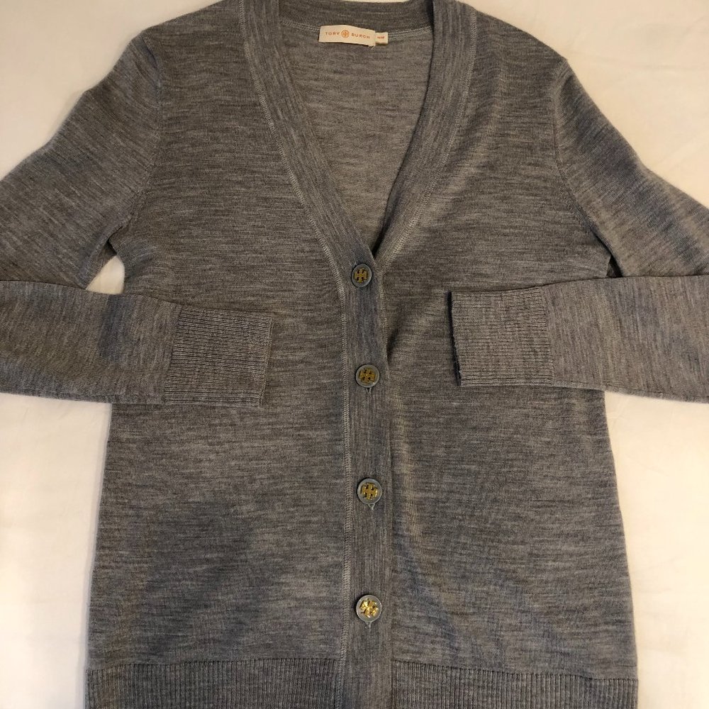 Tory Burch Merino wool gray cardigan gold buttons